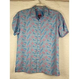 Retro Rifle Rising Palm Mens Large Short Sleeve Button Down Shirt Blue Pink